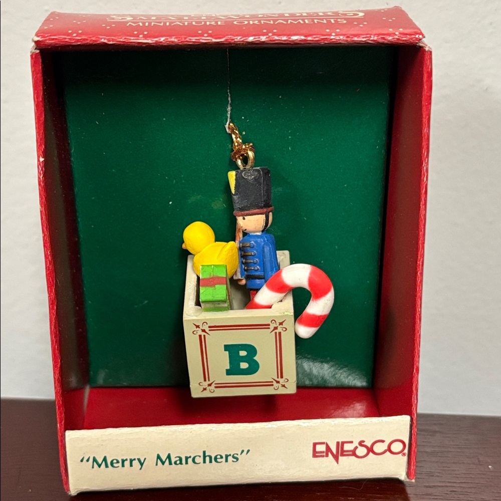Vintage 80s Enesco Small Wonders Miniature Ornaments Merry Marchers ABCD Toy Box